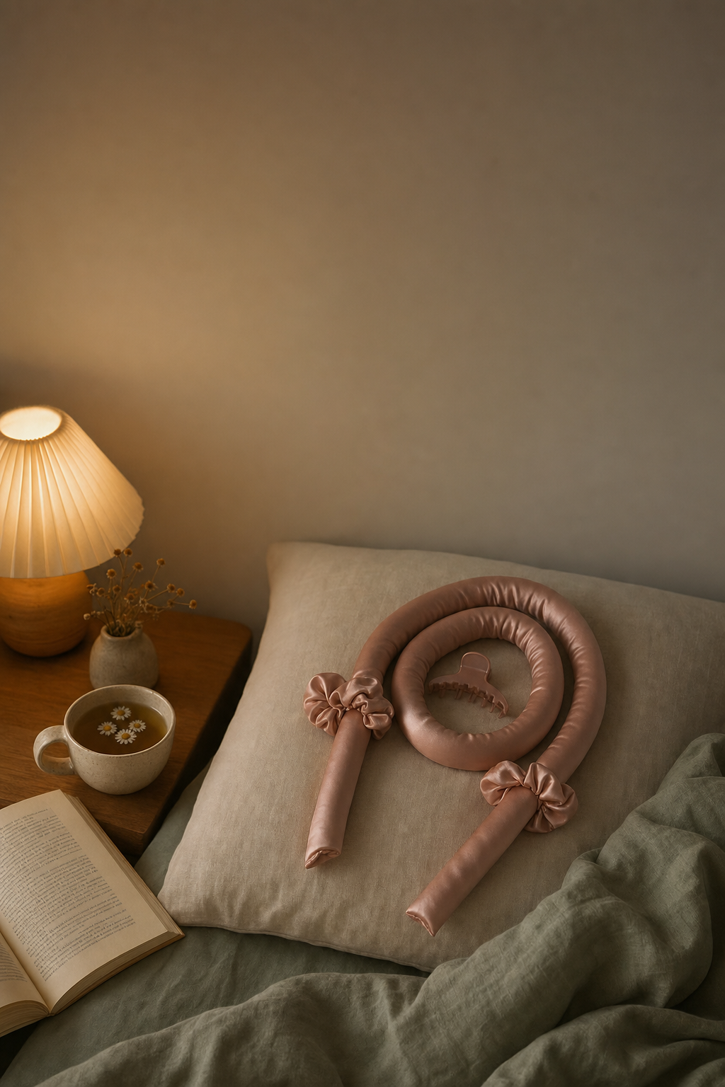 Lullacurl on a serene bedside — wrap, sleep, unwrap