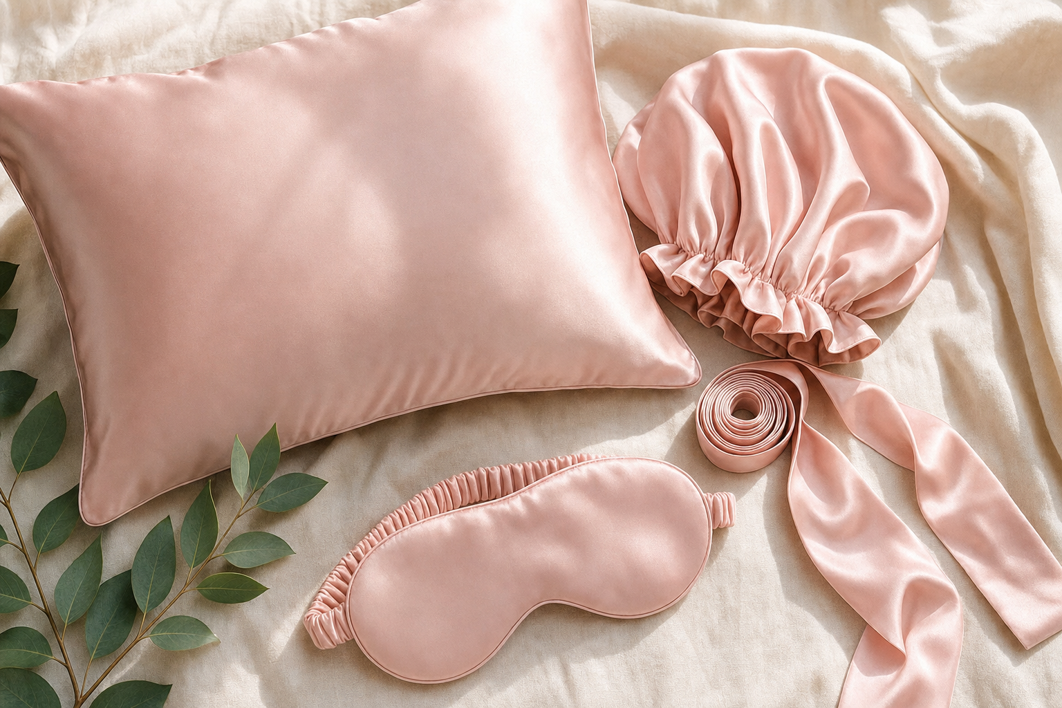 The Lullacurl Bedtime Bundle - silk pillowcase, bonnet, ribbon, and eye mask