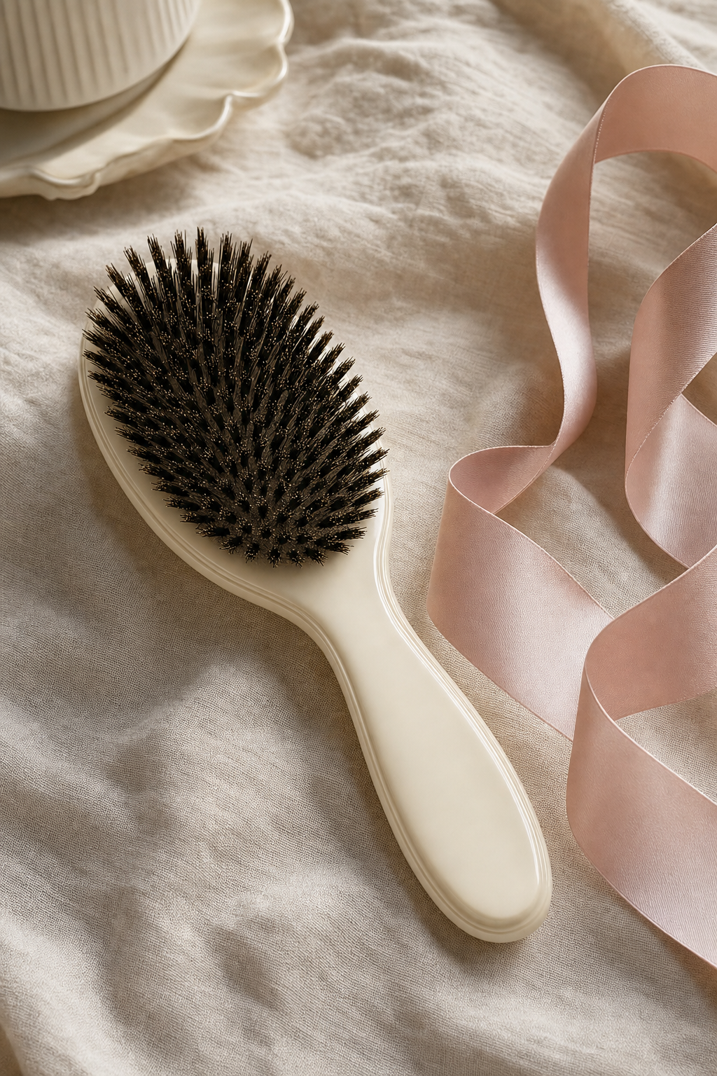 Lullacurl cream-handled boar bristle detangling brush with blush silk ribbon