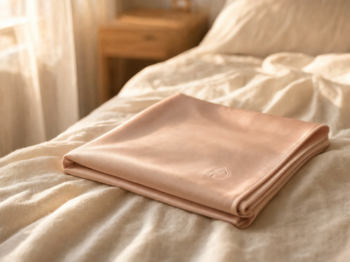 Lullacurl Mulberry Silk Pillowcase in blush on cream linen